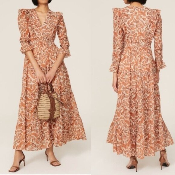 Maje Ruflina Ruffle Maxi Dress 36 Small Orange Prairi Cottagecore Farmhouse Fall - Picture 1 of 14